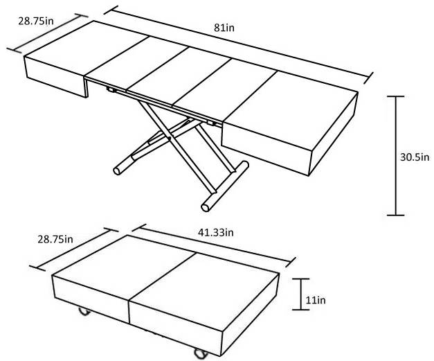 Compact transforming box coffee table dims