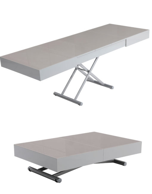 Glass box coffee convertible expanding dinner table in mocha grey glass with metal legs