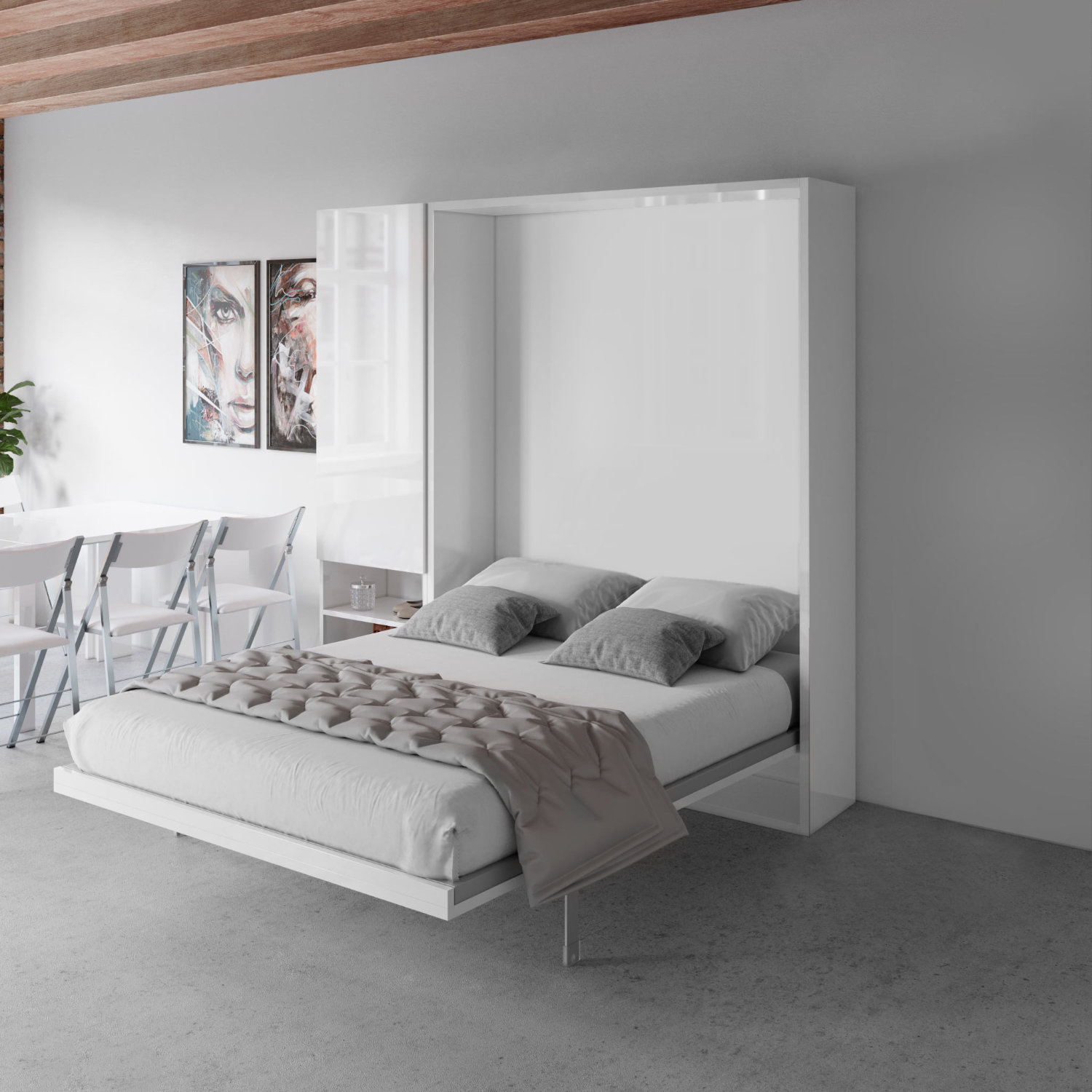 Hover Queen Wall Bed And 1 Cupboards In White Gloss In A Modern Room 