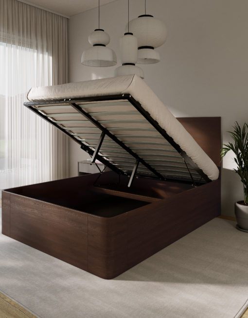 Walnut Pratico Storage bed - lifted and opened up to show huge storage inside