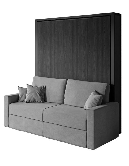 Compatto Free Standing Murphy Bed in Dark Wood with black metal and grey sofa