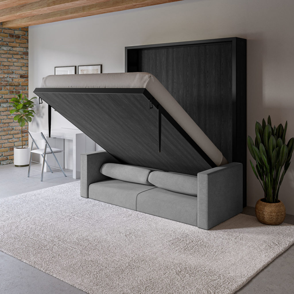Compatto Free Standing Murphy Bed in Dark Wood with black metal and grey sofa half open in modern room