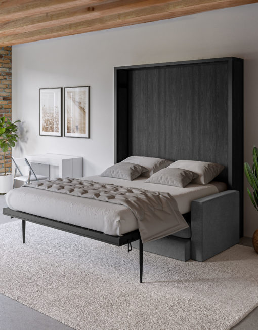 Compatto Free Standing Murphy Bed in Dark Wood with black metal and grey sofa open in modern room