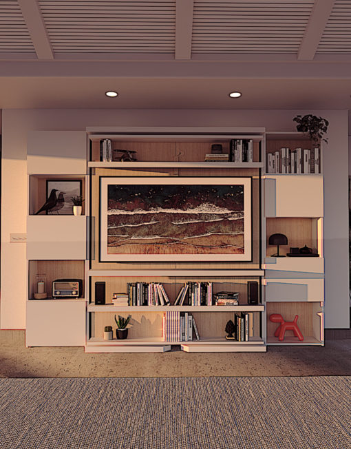 Compatto-LMG-Rotating-TV murphy Bed with custom cupboards in white and wood oak