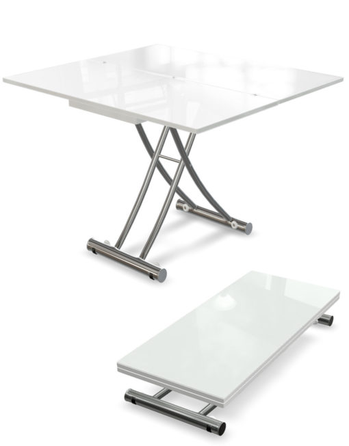 Tr3 Transforming table in glass white coffee to dining table with chrome legs - height adjustable convertible