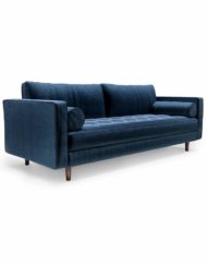 Expand-Furniture-Modern Tufted Sofa in Navy-Blue-Velvet-microfiber-with-bolster-pillows