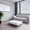 Scandormi-mid-century-modern-sofa-in-grey-weave-fabric-with-glossy-white-box-coffee-table-in-modern-apartment