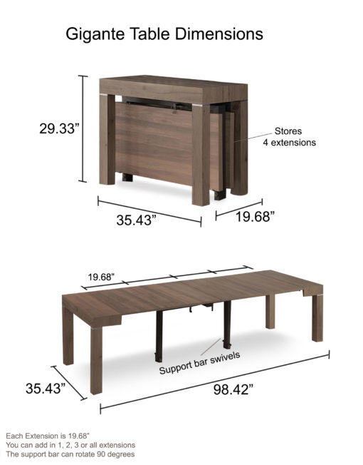 Gigante Transformer Table dimensions shown by Expand Furniture