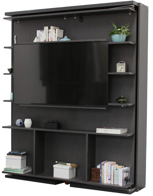 compatto-revolving swivel-wall-bed-tv-bookshelf with large tv example in rovere dark