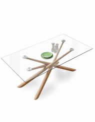 Balance-Clear-glass-rectangle-dinner-table-with-layered-wood-legs