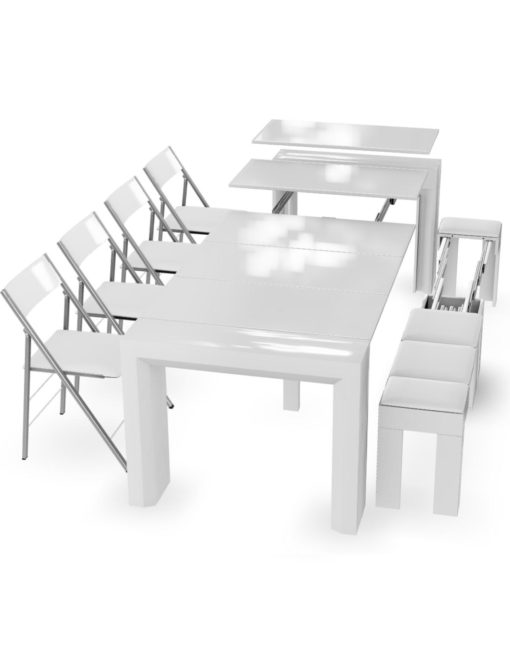 Junior Giant transforming table with 4 nano folding chairs and 1 extending bench in white