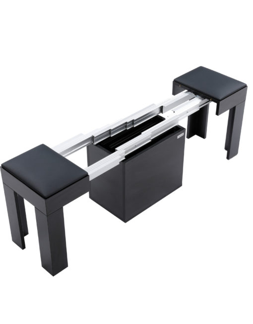 Mini Scatola expandable bench in black wood opening to show storage