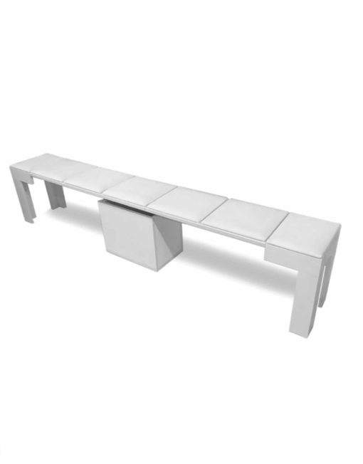 Scatola mini extends into large bench that seats 5 people and fits under a console - white with padded white seat