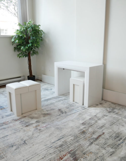 White Mini Scatola showing you can fit 2 under the Junior Giant Console Table