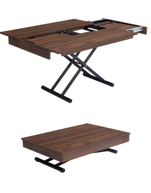 The divide convertible coffee table in walnut wood with black metal legs