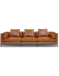 3 seat wide large leather sofa in brown orange in a mid century modern design