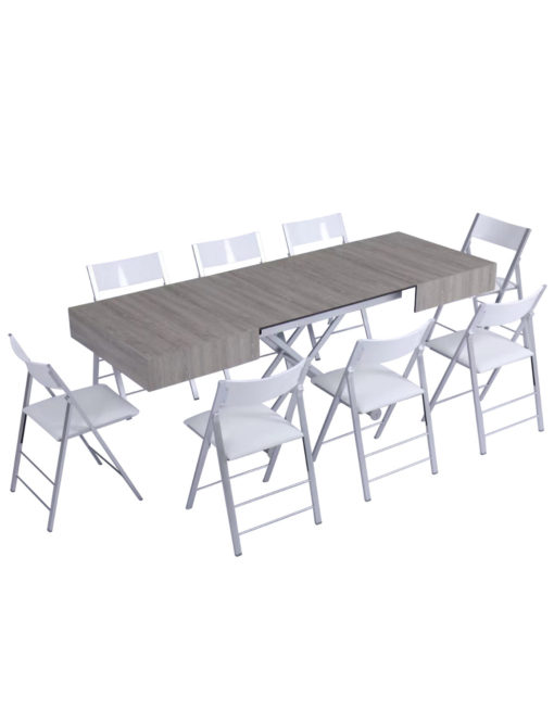 Outdoor box coffee table in grey panel with silver legs - outdoor expanding dinner table set with chairs