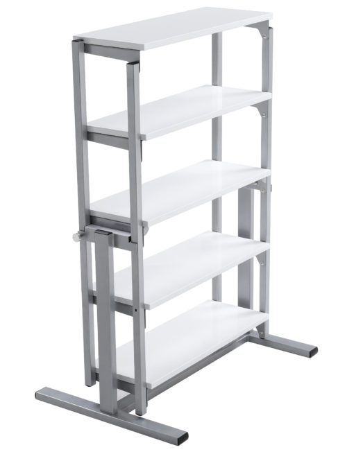 The shelf table - balanced shelving converts into dinner table - White gloss and silver