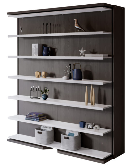 Compatto lmg shelf rotating wall bed with dark wood and white shelves