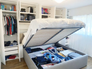 Under Bed storage and hidden pillow headboard storage open