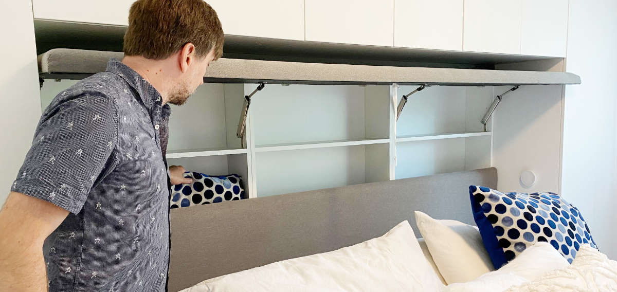 Transforming a bedroom with under bed storage and pillow headboard storage  - Expand Furniture - Folding Tables, Smarter Wall Beds, Space Savers