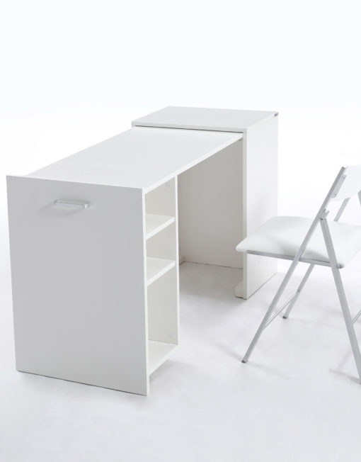 Cove - extending transforming office cabinet in matte white with nano chair