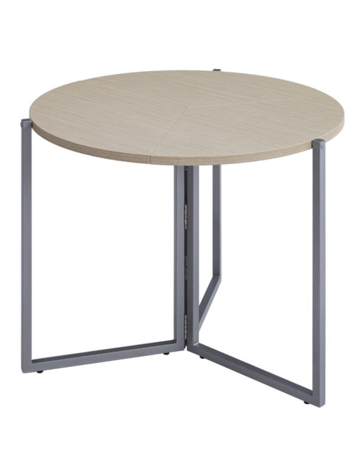 Origami folding round table in light oak wood with silver metal legs