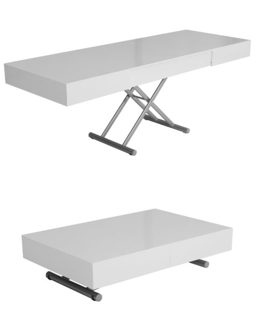 Compact box coffee table in white gloss fully extended and height adjustable coffee to dinner convertible table