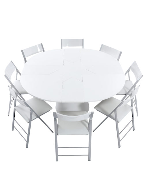 Compass round expanding table in white wood with nano chairs