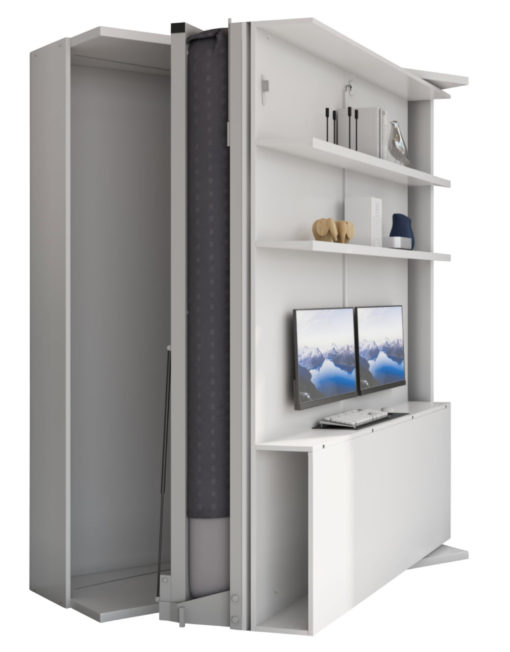 White Compatto Rotating Office Murphy Bed with Desk Horizontal With Monitors