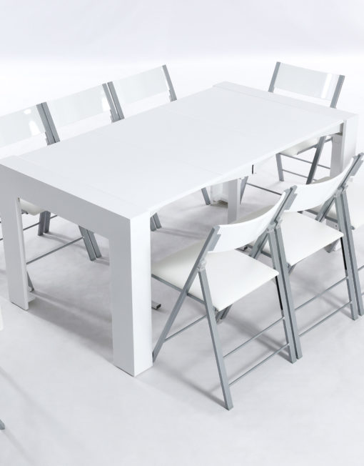 Expanda thin extending table seats 6 in white matte as a dining set