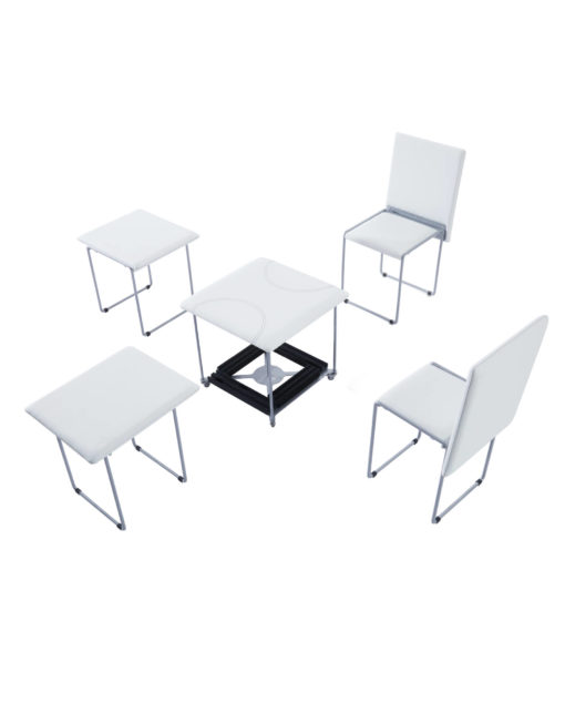 Fold Cube 4 chairs ottoman transforming seats in white with some open