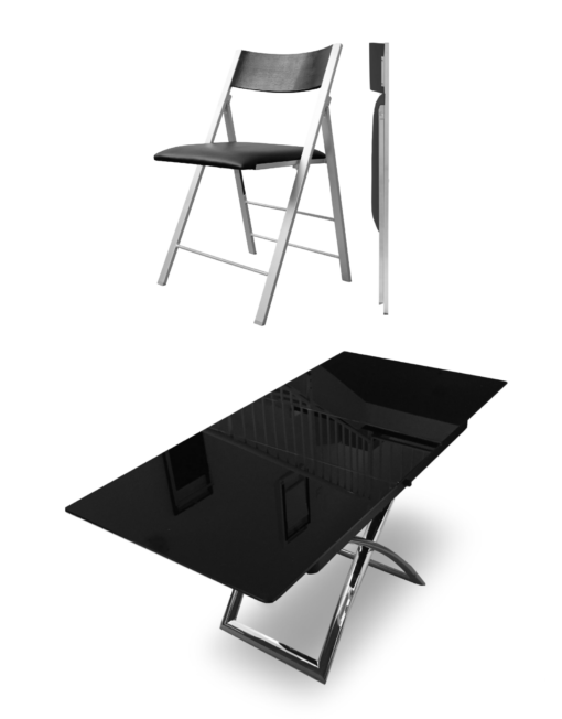 Obsidian black glass coffee to dinner table with chairs