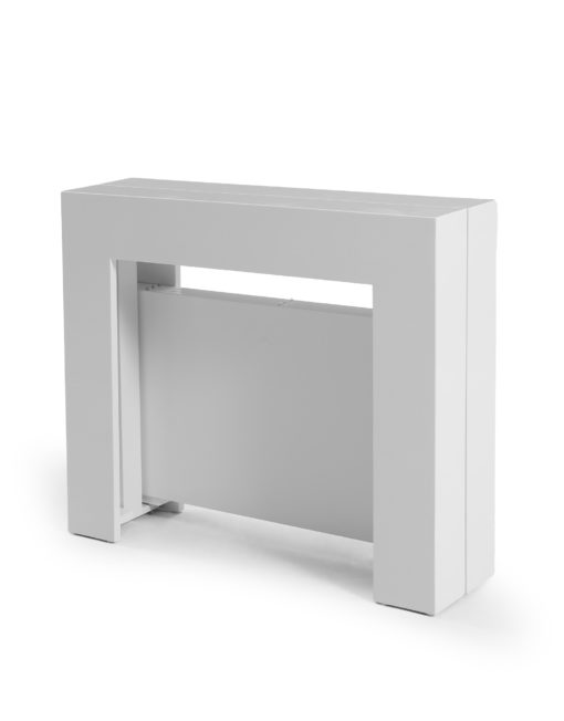 Expanda thin extending table seats 6 in white matte as a console wb